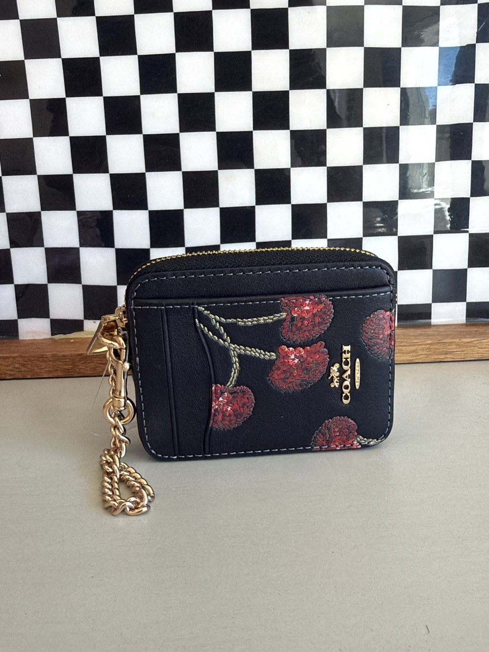Coach Black Cherry Zip Card Case with Chain